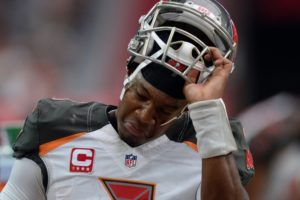 Sep 18, 2016; Glendale, AZ, USA; Tampa Bay Buccaneers quarterback Jameis Winston (3) takes off his helmet against the Arizona Cardinals during the second half at University of Phoenix Stadium. The Cardinals won 40-7. Mandatory Credit: Joe Camporeale-USA TODAY Sports