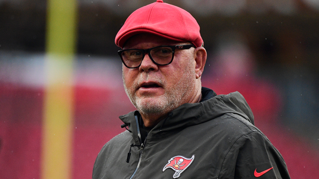 Head coach Bruce Arians of the Tampa Bay Buccaneers looks on during warm-ups before a preseason football game against the Miami Dolphins at Raymond James Stadium on August 16, 2019 in Tampa, Florida. (Photo by Julio Aguilar/Getty Images)