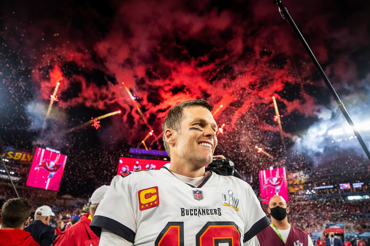 TAMPA, FL - FEBRUARY 07, 2021 - Quarterback Tom Brady #12 of the Tampa Bay Buccaneers after Super Bowl LV between the Kansas City Chiefs and Tampa Bay Buccanerers at Raymond James Stadium. The Buccaneers won the game, 31-9. Photo By Tori Richman/Tampa Bay Buccaneers