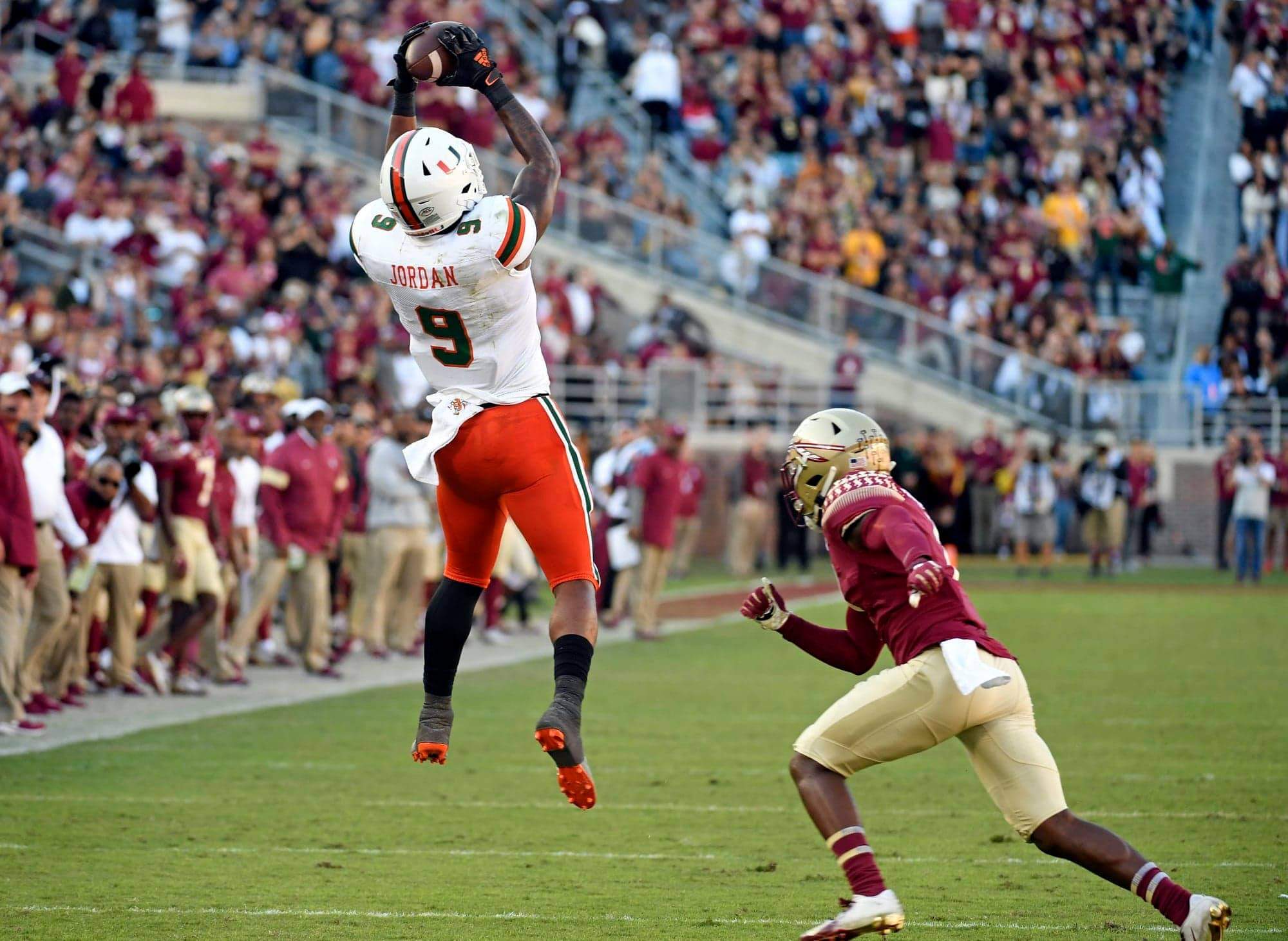 Miami Hurricanes tight end Brevin Jordan (9) catches a pass in the second half against the Florida State Seminoles at Doak Campbell Stadium. Mandatory Credit: Melina Myers-USA TODAY Sports