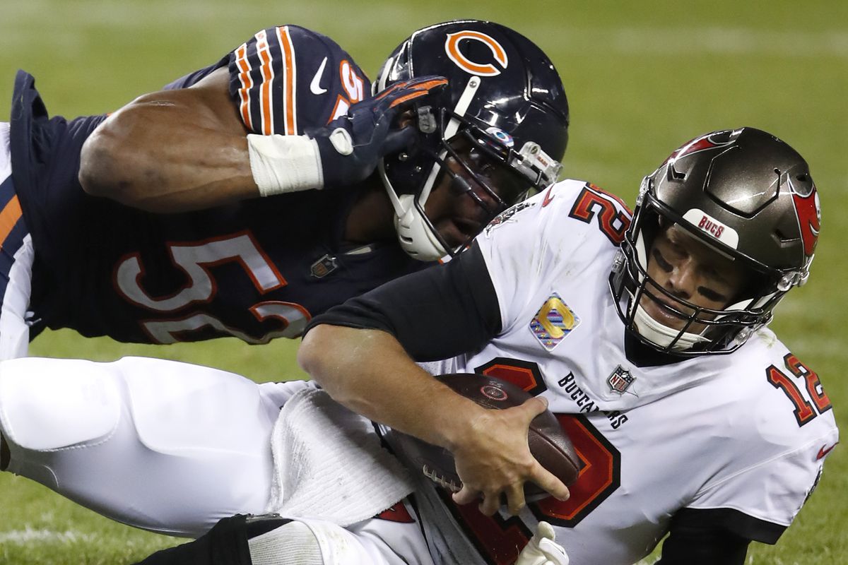 Buccaneers quarterback Tom Brady is sacked by Khalil Mack of the Chicago Bears/via Associated Press