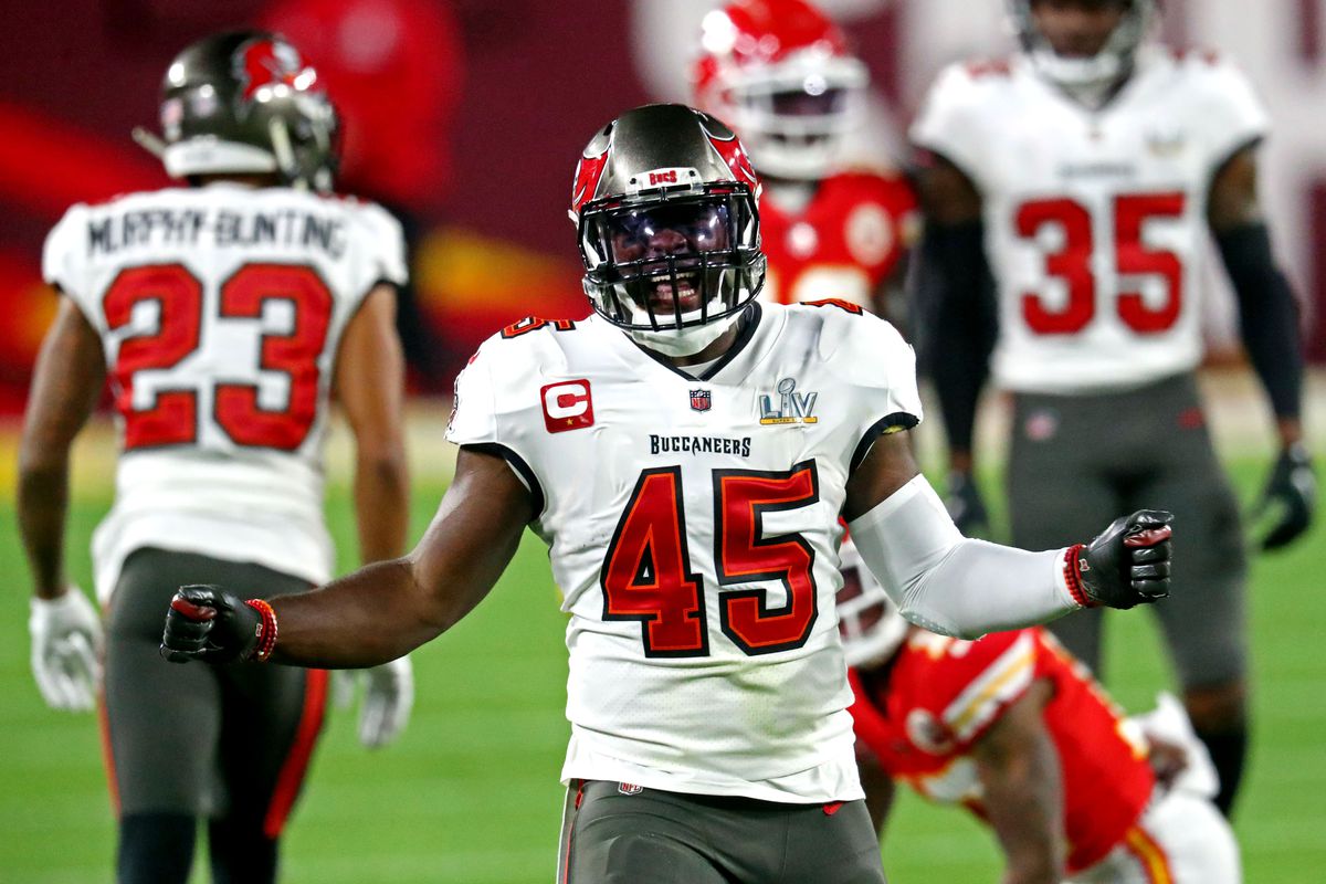 Tampa Bay Buccaneers inside linebacker Devin White (45) reacts after a play during the second quarter against the Kansas City Chiefs in Super Bowl LV Mark J. Rebilas-USA TODAY Sports