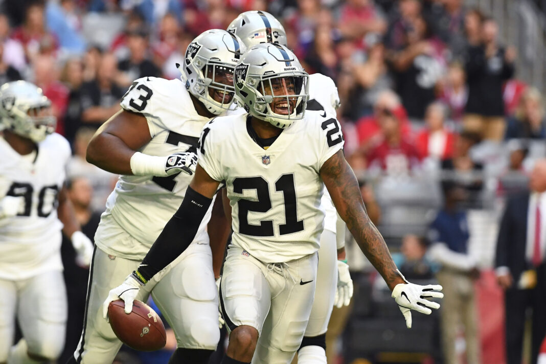 Gareon Conley #21 of the Oakland Raiders celebrates an interception in the first half of the NFL game against the Arizona Cardinals at State Farm Stadium on November 18, 2018 in Glendale, Arizona. (Photo by Jennifer Stewart/Getty Images)