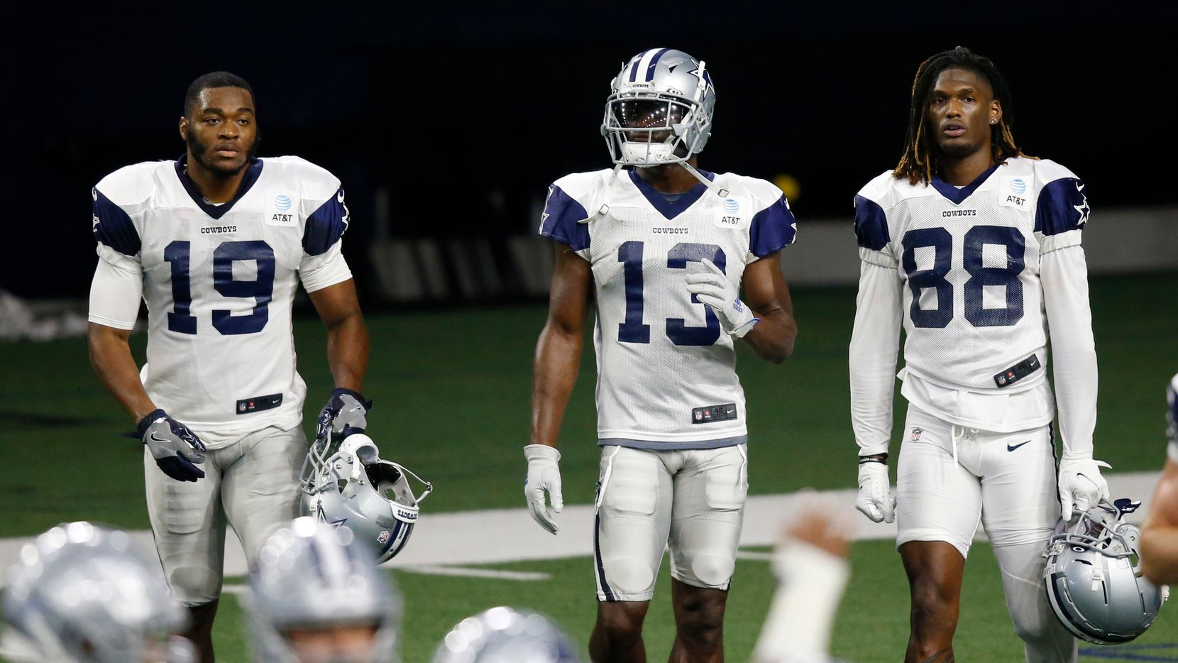 Cowboys wide receivers Amari Cooper (19), Michael Gallup (13) and CeeDee Lamb (88) are pictured during training camp at The Star in Frisco on Tuesday, Aug. 18, 2020.(Vernon Bryant / Staff Photographer)