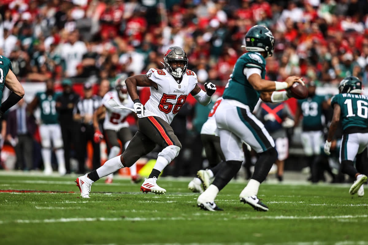 Buccaneers linebacker Shaq Barrett pursues Philadelphia Eagles quarterback Jalen Hurts/via buccaneers.com