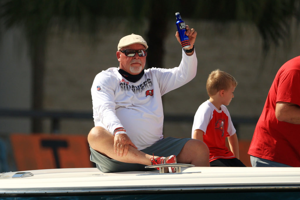 Head coach Bruce Arians of the Tampa Bay Buccaneers celebrates during the Tampa Bay Buccaneers Super Bowl boat parade on February 10, 2021 after defeating the Kansas City Chiefs 31-9 in Super Bowl LV in Tampa, Florida. (Photo by Mike Ehrmann/Getty Images)