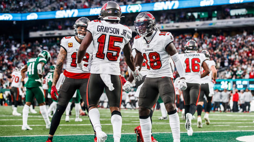 Buccaneers' wide receivers celebrate after scoring against the New York Jets/via buccaneers.com