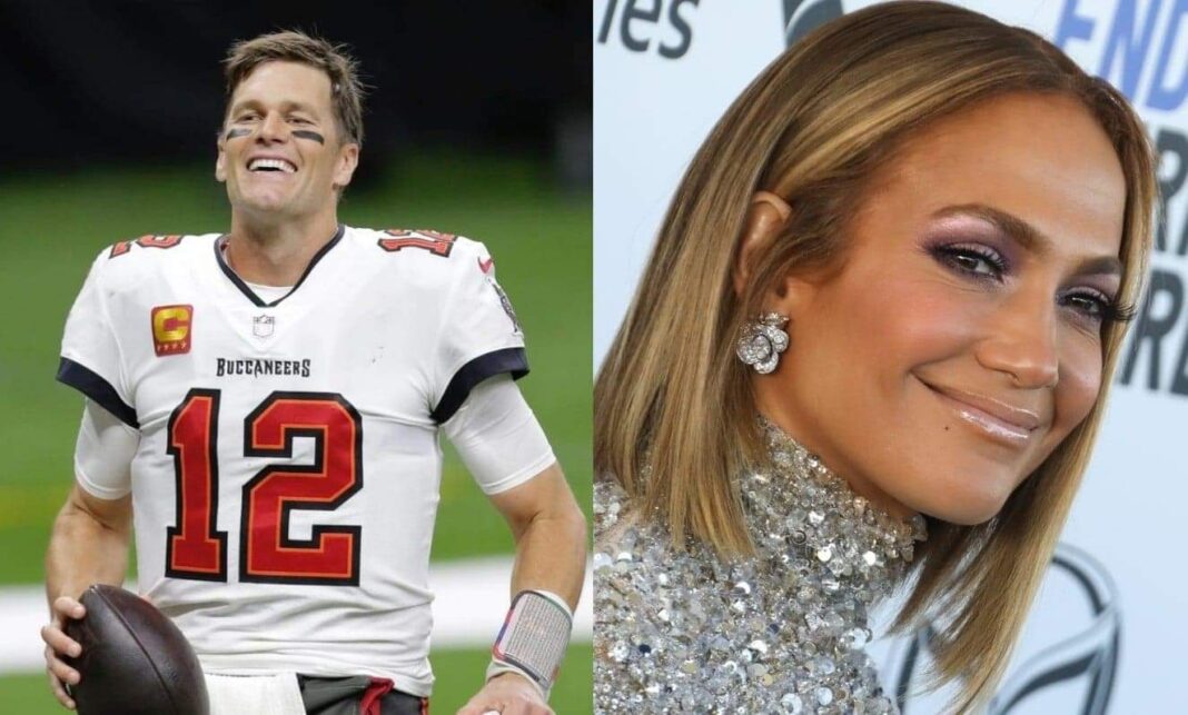 Buccaneers' quarterback Tom Brady and singer Jennifer Lopez/via Getty Images