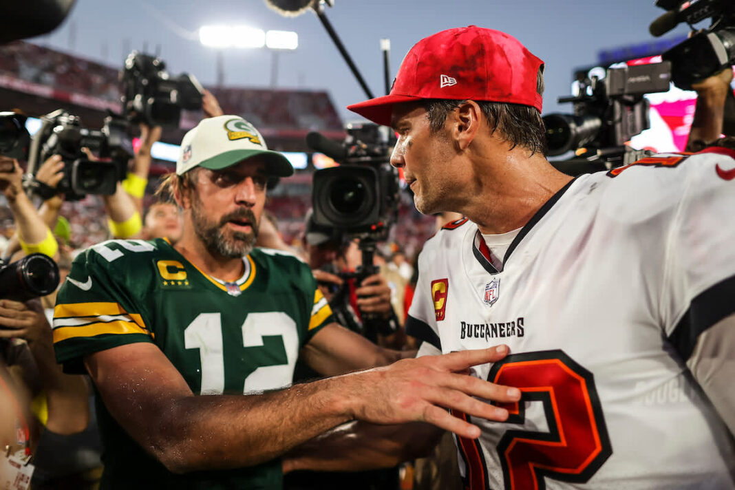 Buccaneers' quarterback Tom Brady and Packers' quarterback Aaron Rodgers / via buccaneers.com