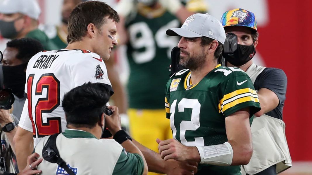 Buccaneers' quarterback Tom Brady and Packers' quarterback Aaron Rodgers/via CBS Sports