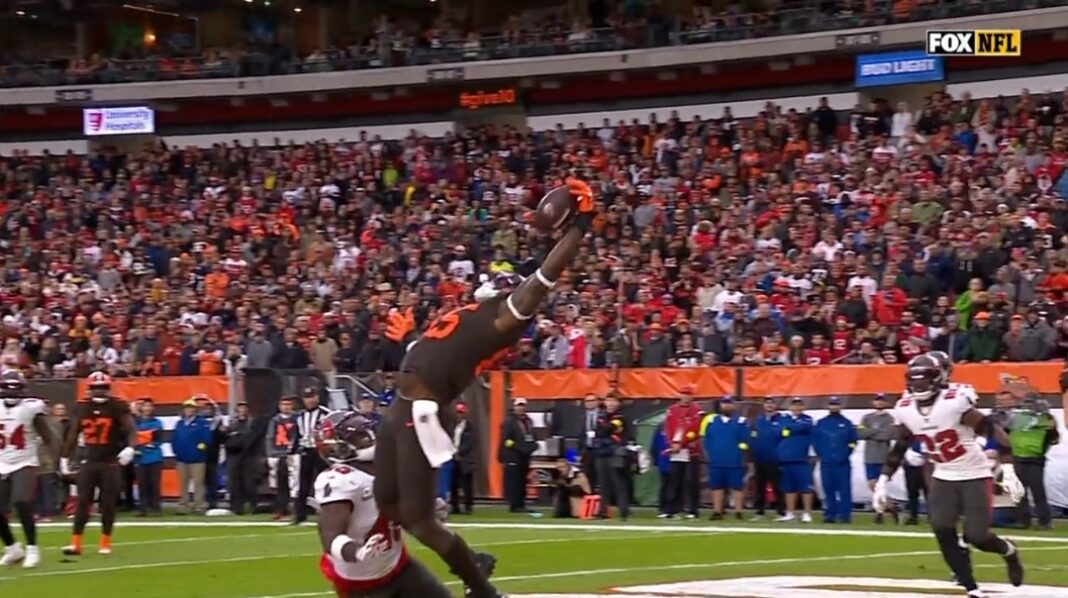 Browns' tight end David Njoku makes a catch over Buccaneers' linebacker Devin White / via Fox Sports