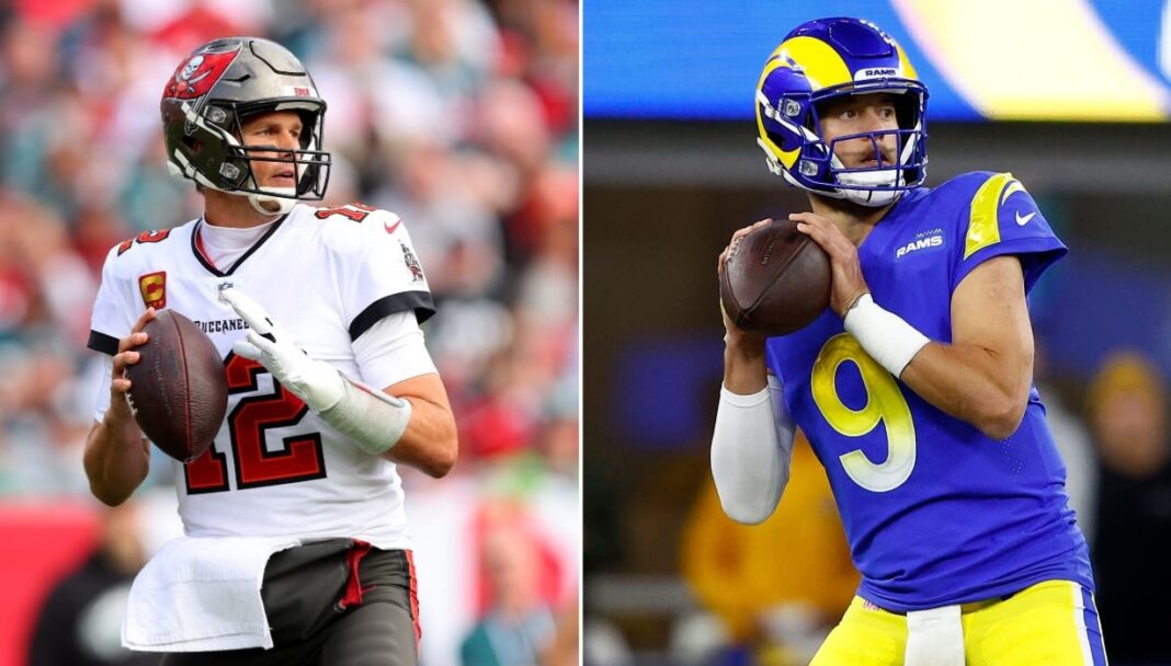 Buccaneers' quarterback Tom Brady and Rams' quarterback Matthew Stafford / via Getty Images