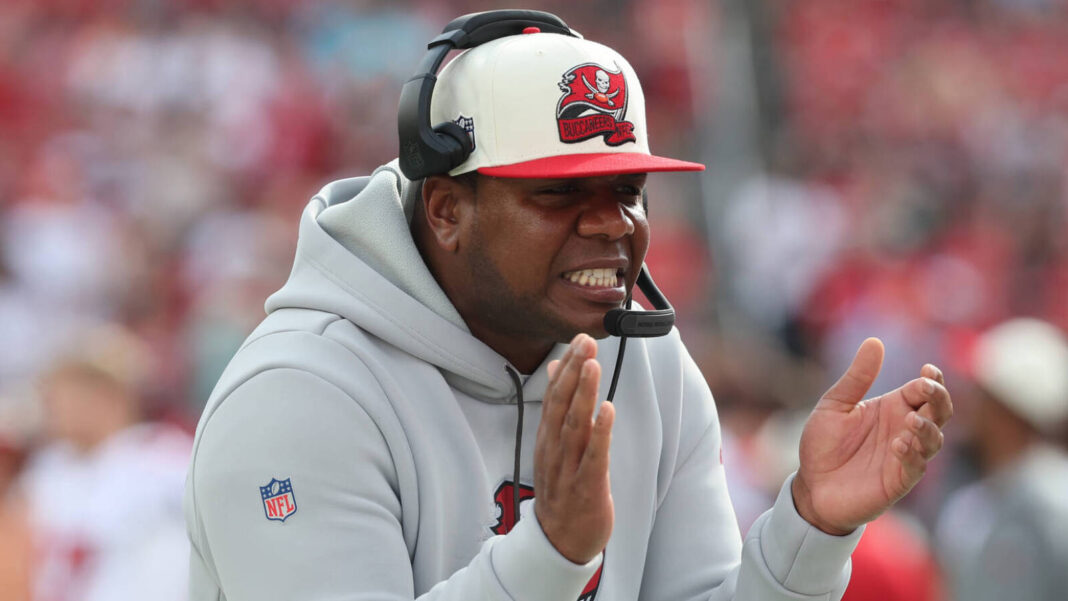 Jan 1, 2023; Tampa, Florida, USA; Tampa Bay Buccaneers offense coordinator Byron Leftwich against the Carolina Panthers during the first half at Raymond James Stadium. Mandatory Credit: Kim Klement-USA TODAY Sports