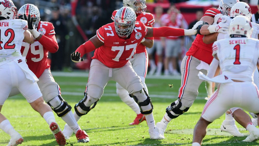 Ohio St offensive tackle Paris Johnson Jr is moving up several NFL draft big boards / viaJohn Cordes/Icon Sportswire via Getty Images