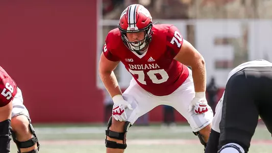 Indiana offensive tackle Luke Haggard is moving up several NFL draft big boards / via Gracie Farrall\Indiana Athletics