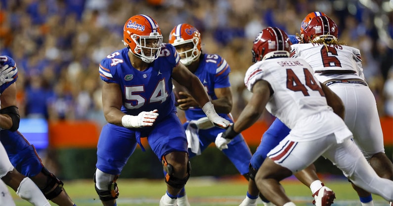 University of Florida offensive lineman O'Cyrus Torrence is moving up several NFL draft big boards / via Getty Images