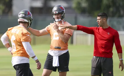 Buccaneers' offensive coordinator Dave Canales coaching up quarterbacks Baker Mayfield and Kyle Trask / via the Tampa Bay Times Douglas R Clifford