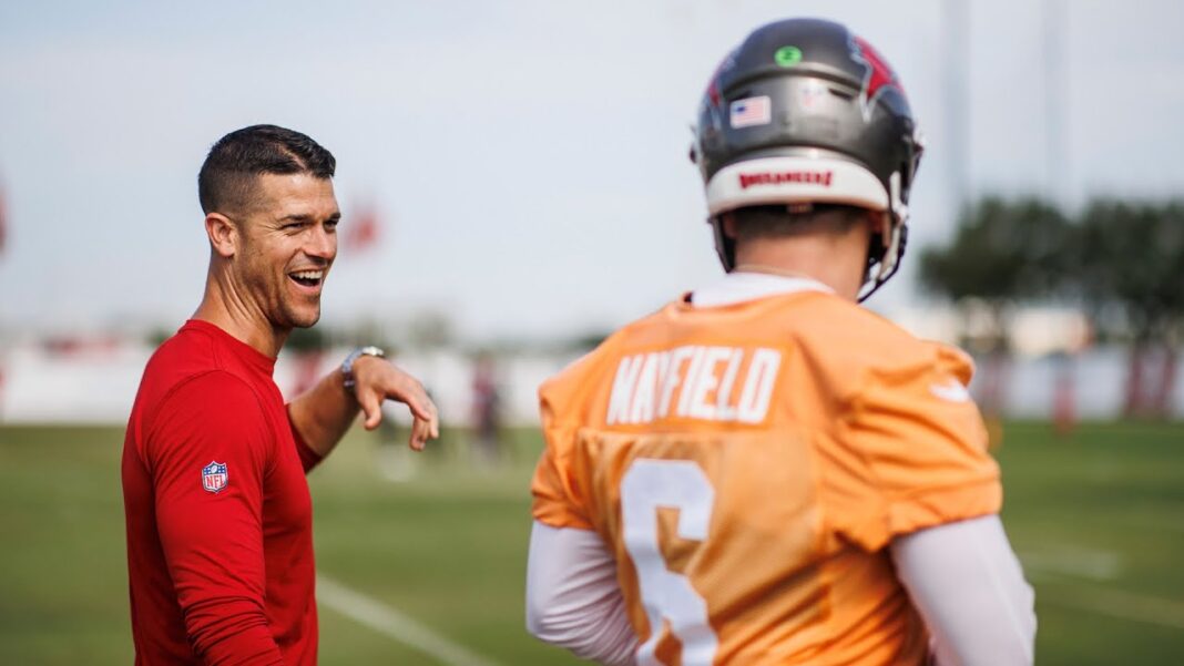 Buccaneers' offensive coordinator Dave Canales and quarterback Baker Mayfield / via NFL.com